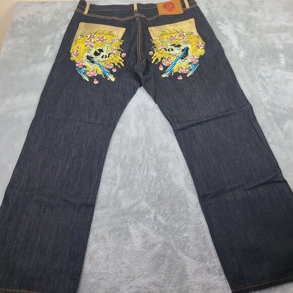Vintage 2000's‎ Denim Jeans with Rhinestone Skull Decals Size 38 EUC
